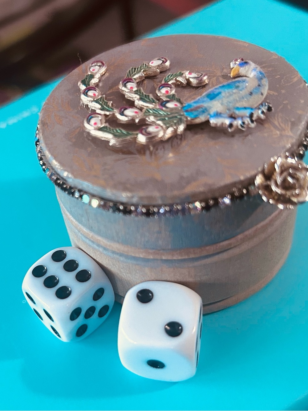 Round Decorative Game Box with Blue Peacock Accent